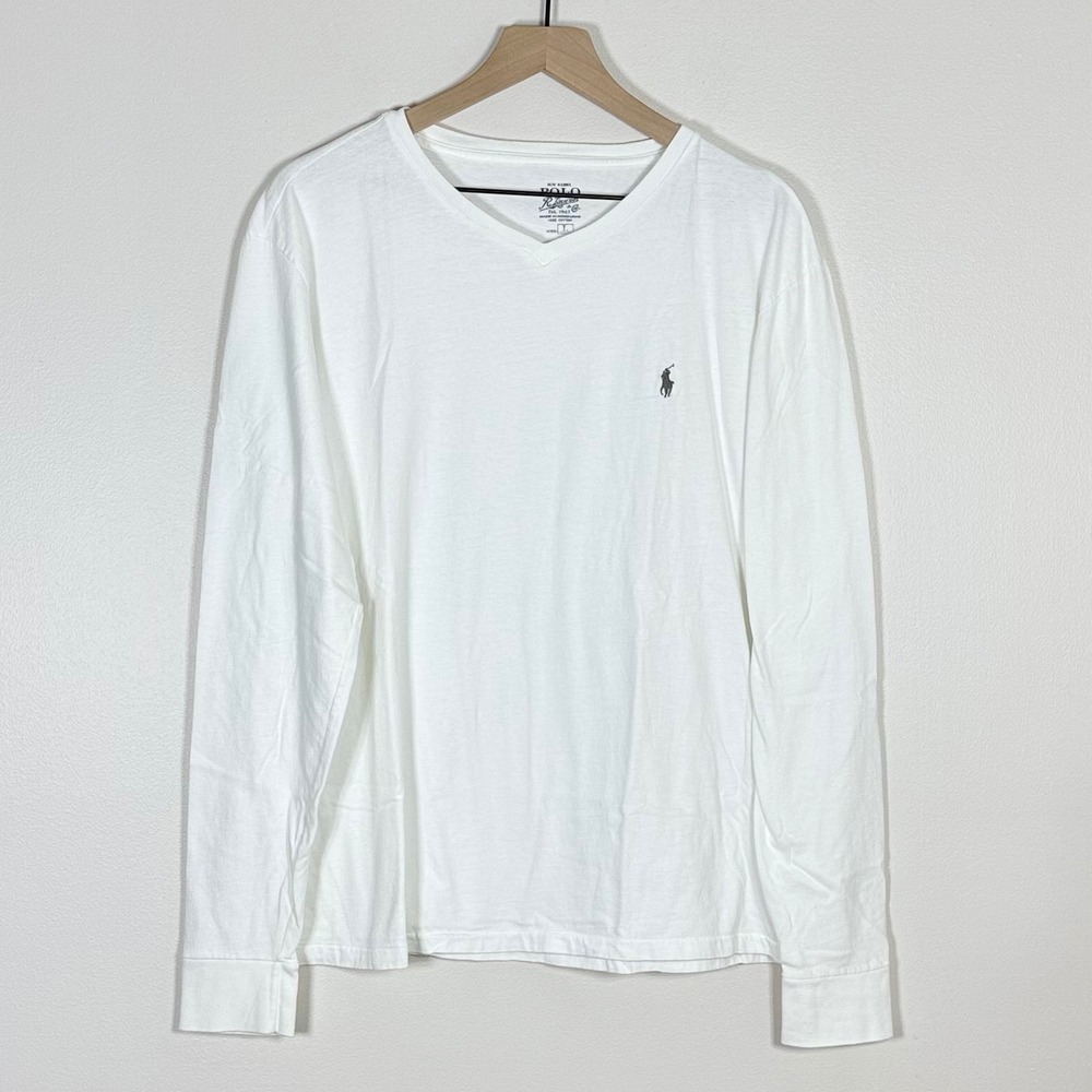 Polo Ralph Lauren Mens Long Sleeve V Neck White Shirt L Pony Logo Elevated Basic